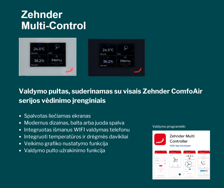 Plokštelinis ENTALPINIS rekuperatorius Zehnder ComfoAir 375 ERV su VALDYMO PULTU Multi Control ir WIFI valdymu